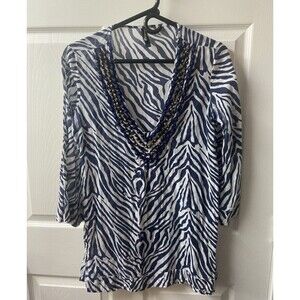 Hermany Top womens Medium Chiffon Blue Zebra Print Beaded Coverup Layering
